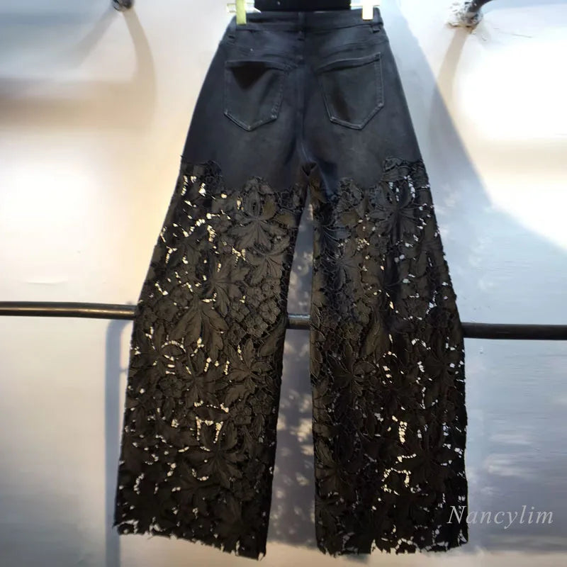 Pantalones vaqueros de patchwork con encaje para mujer