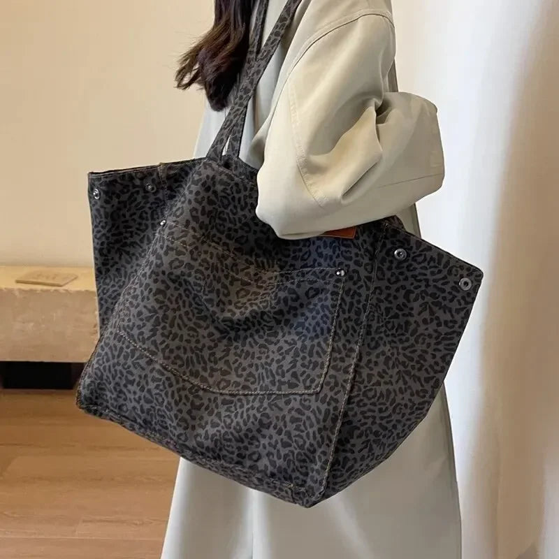 Bolso Tote de Lona con Estampado Leopardo Retro