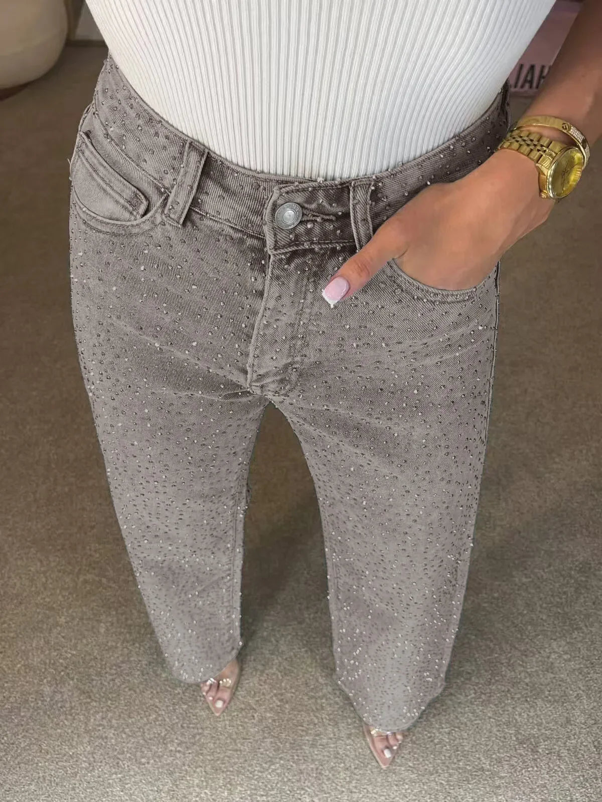 Pantalones Vaqueros con Pedrería para Mujer