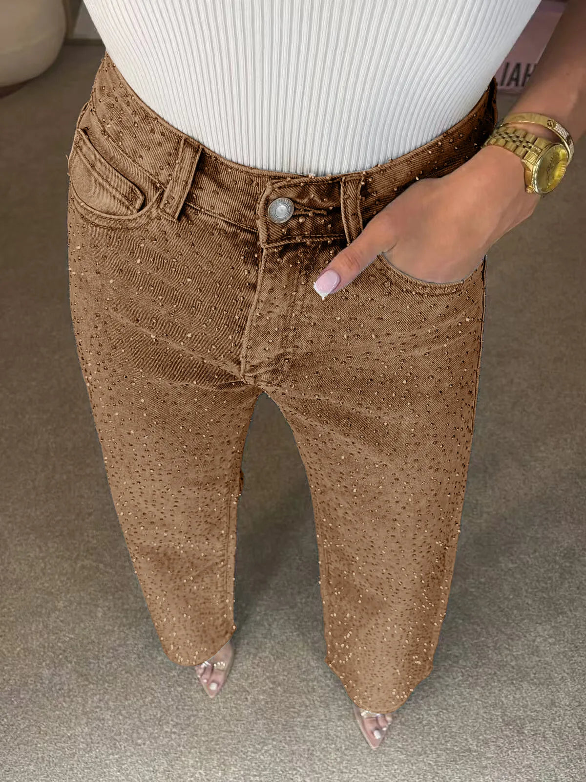 Pantalones Vaqueros con Pedrería para Mujer