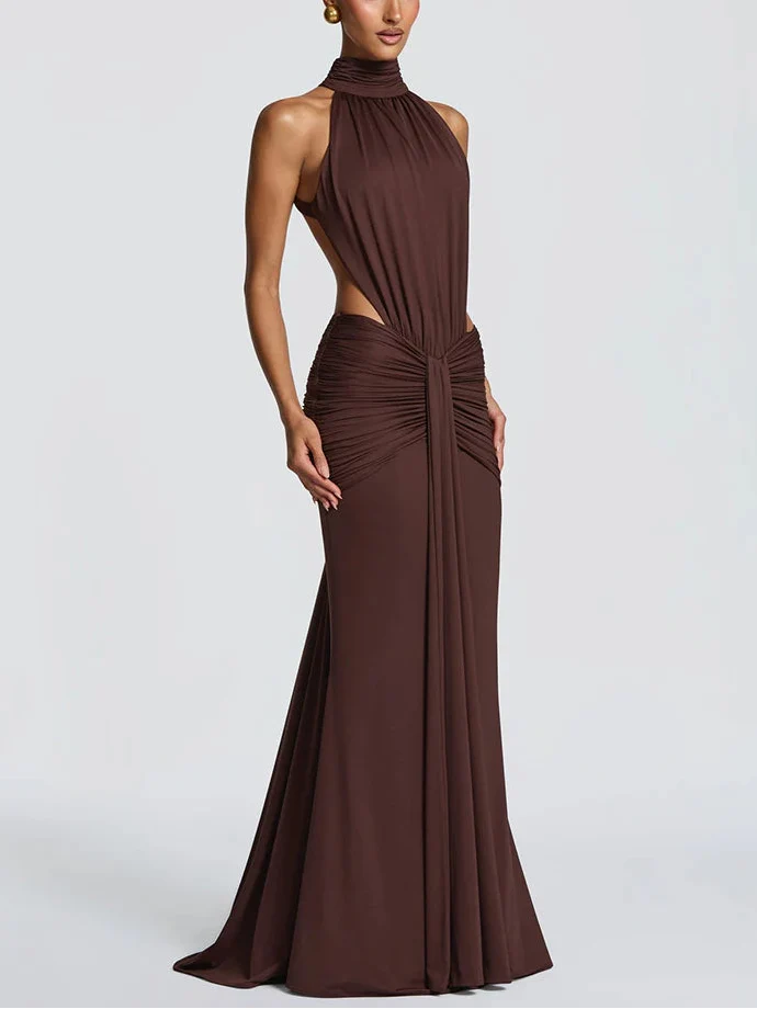 Vestido Maxi de Cuello Alto con Espalda Descubierta para Mujer