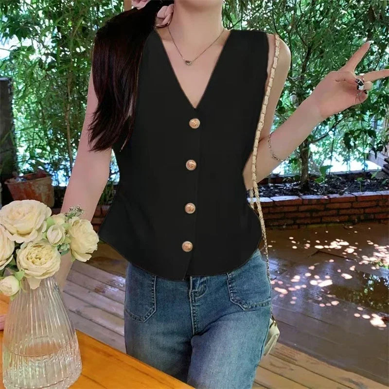Chaleco de Cuello en V con Cintura Fruncida