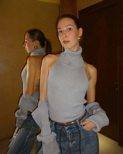 Chaleco de Punto de Cuello Alto con Espalda Descubierta para Mujer