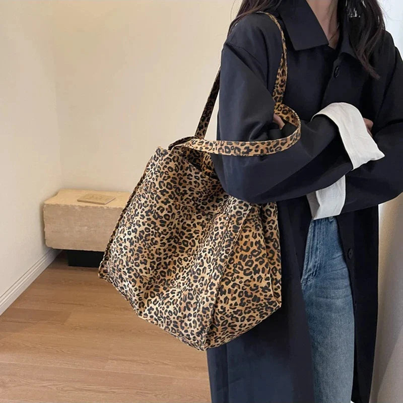 Bolso Tote de Lona con Estampado Leopardo Retro
