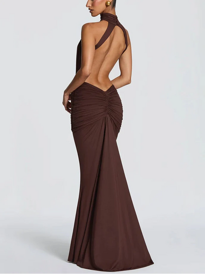 Vestido Maxi de Cuello Alto con Espalda Descubierta para Mujer