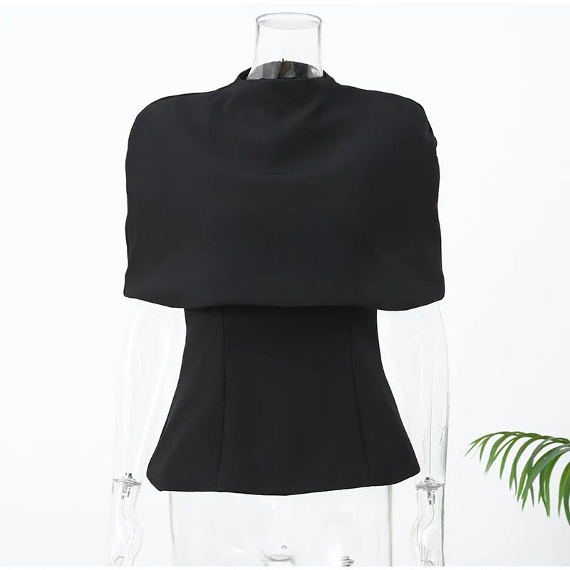 Top Capa de Cuello Alto Negro para Mujer