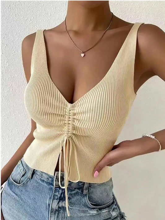 Top Corto de Cuello en V Acanalado para Mujer