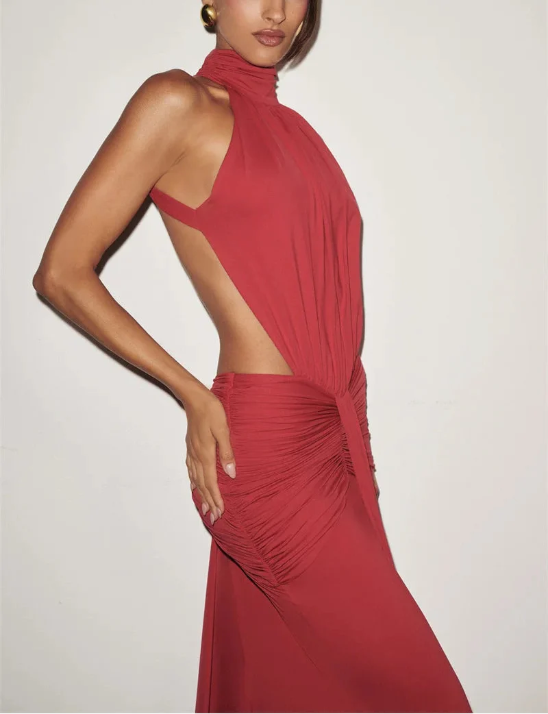 Vestido Maxi de Cuello Alto con Espalda Descubierta para Mujer