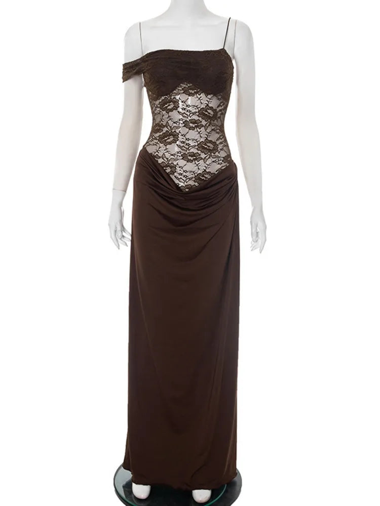 Vestido Maxi de Encaje de Un Hombro