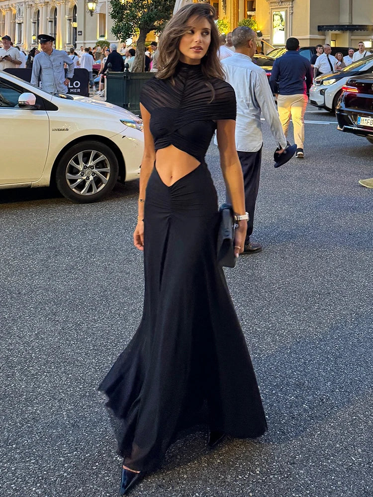 Vestido Maxi Calado de Manga Corta
