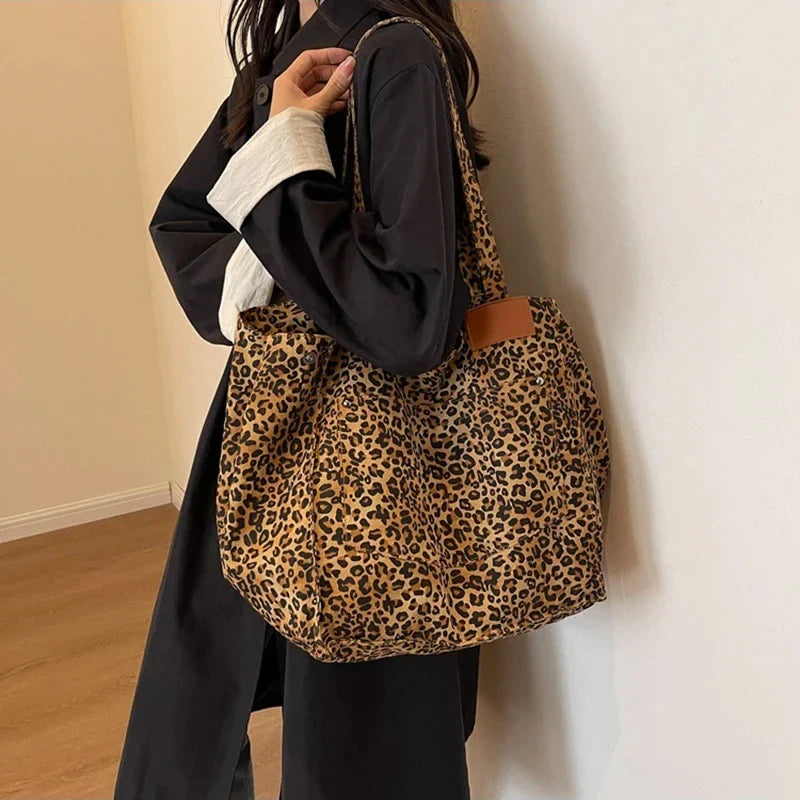 Bolso Tote de Lona con Estampado Leopardo Retro