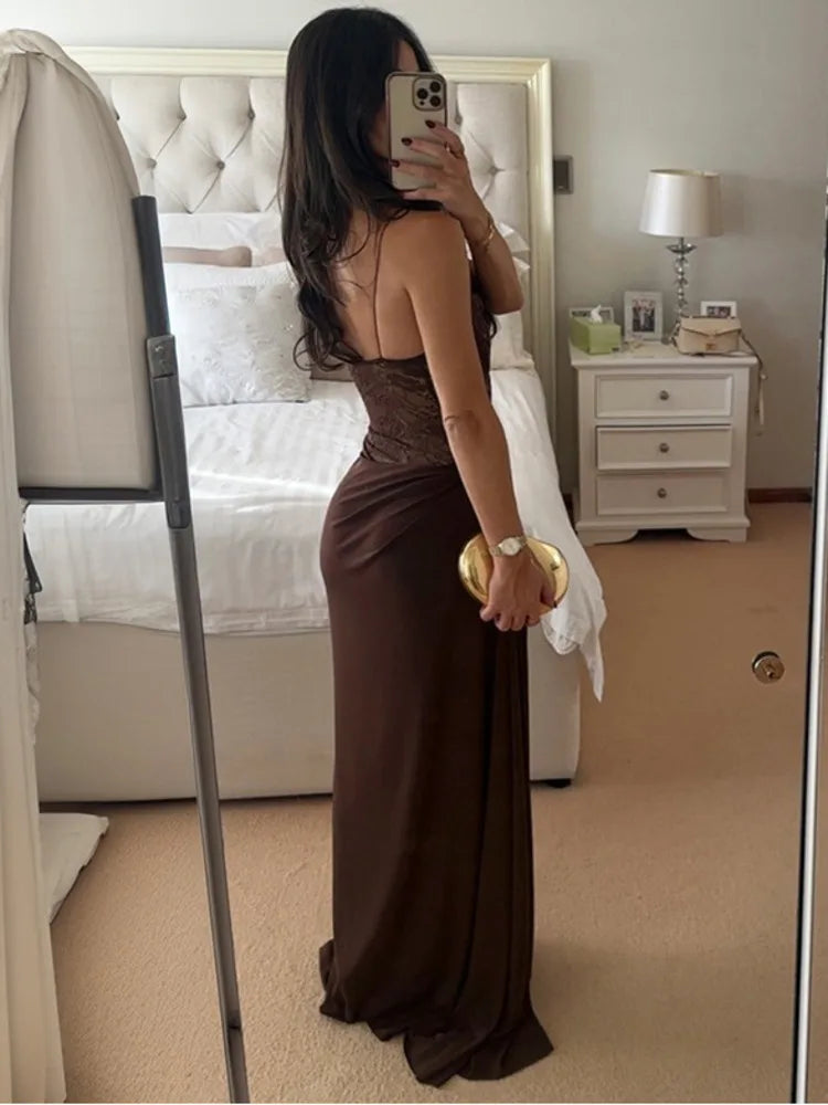 Vestido Maxi de Encaje de Un Hombro