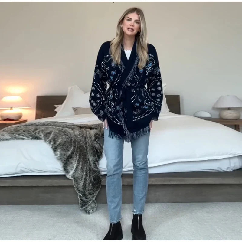 Chaqueta de Punto con Borlas Geométricas para Mujer