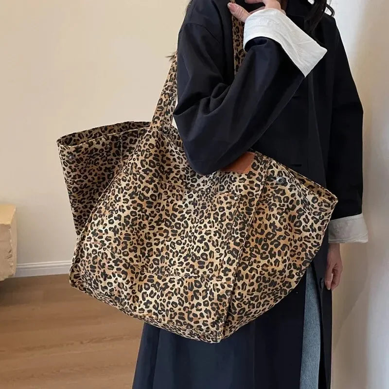 Bolso Tote de Lona con Estampado Leopardo Retro