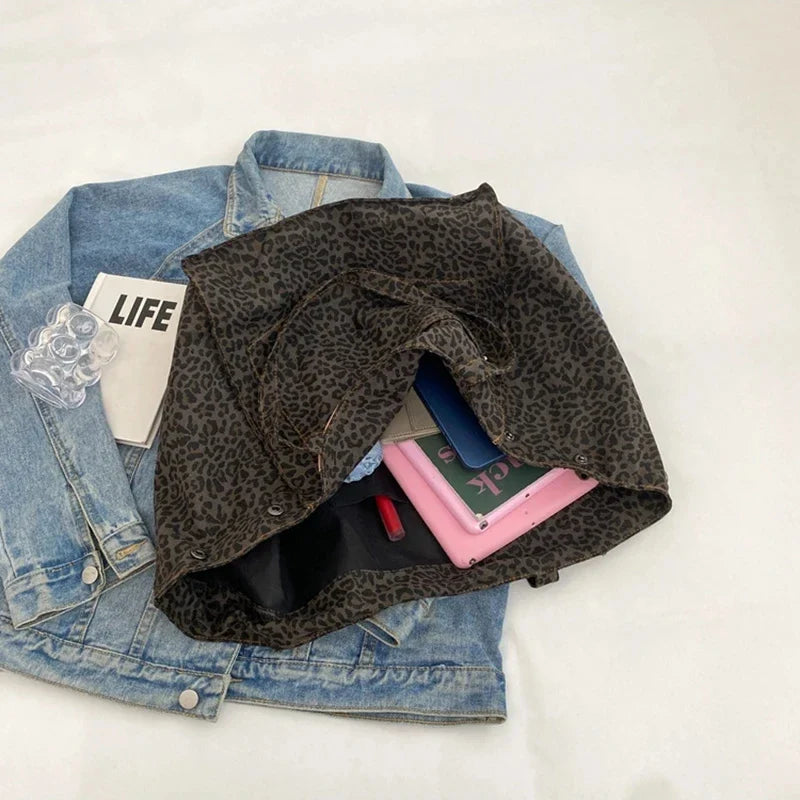 Bolso Tote de Lona con Estampado Leopardo Retro