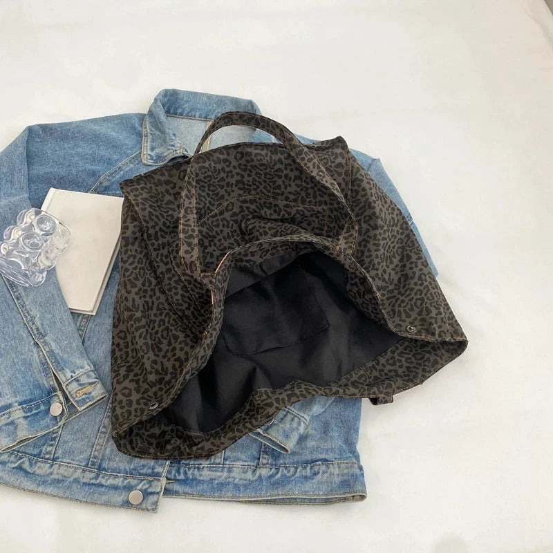 Bolso Tote de Lona con Estampado Leopardo Retro