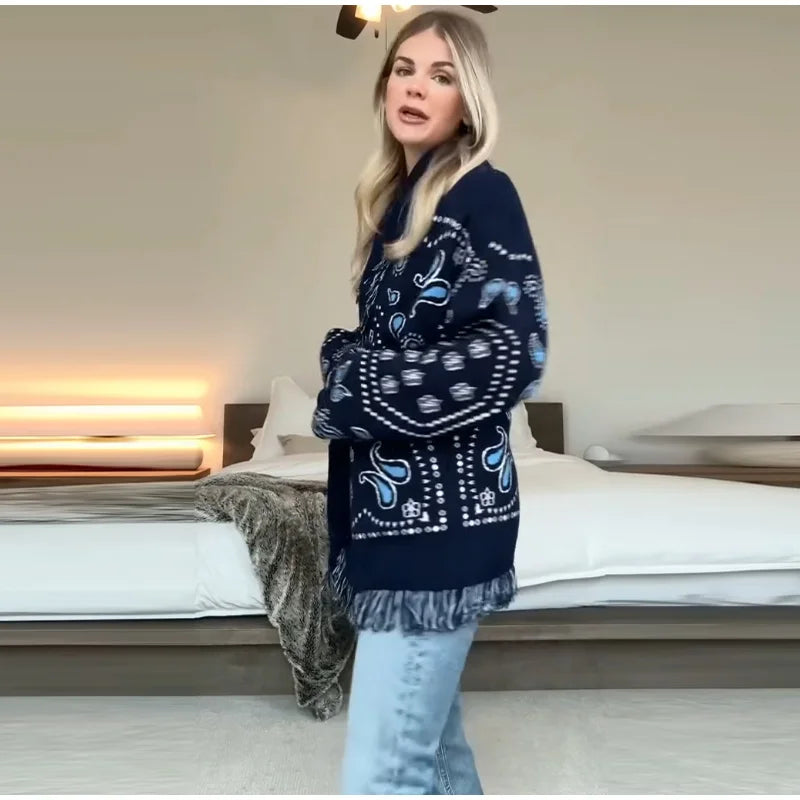 Chaqueta de Punto con Borlas Geométricas para Mujer