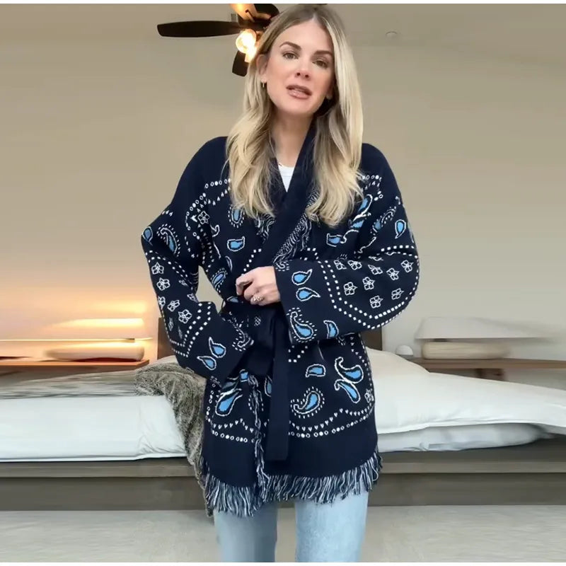 Chaqueta de Punto con Borlas Geométricas para Mujer