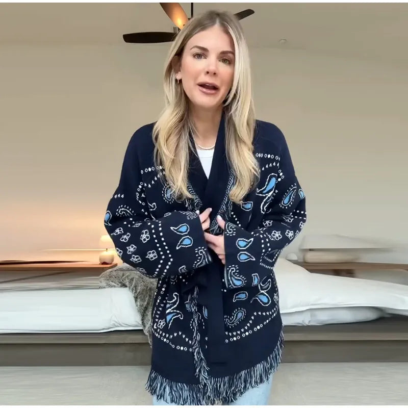 Chaqueta de Punto con Borlas Geométricas para Mujer