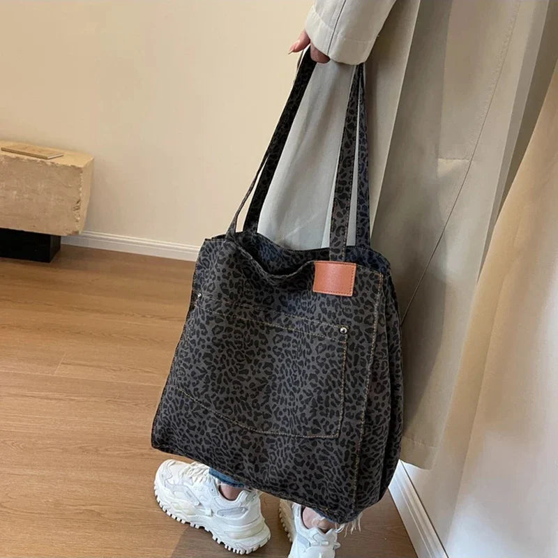 Bolso Tote de Lona con Estampado Leopardo Retro