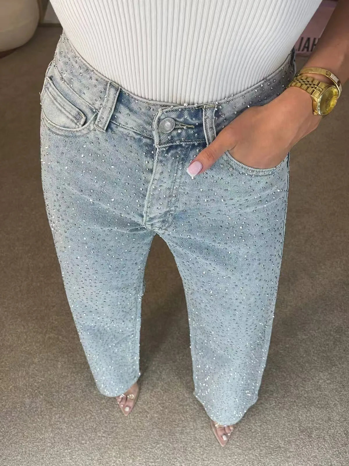 Pantalones Vaqueros con Pedrería para Mujer