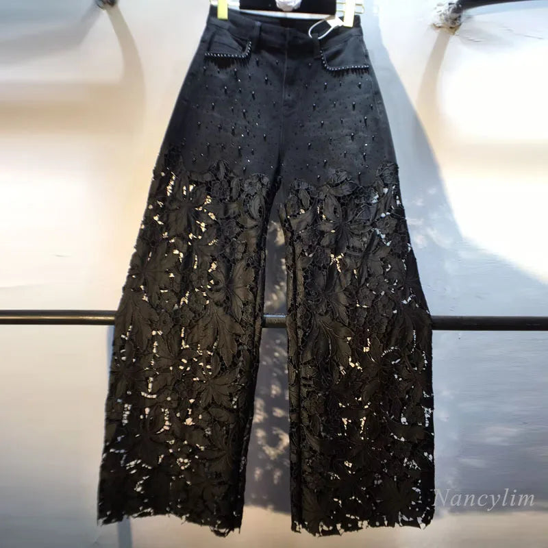 Pantalones vaqueros de patchwork con encaje para mujer