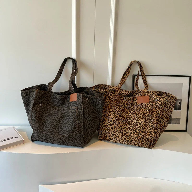 Bolso Tote de Lona con Estampado Leopardo Retro