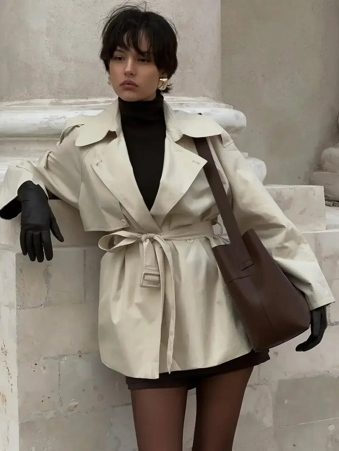 Abrigo Gabardina Corto con Cinturón para Mujer