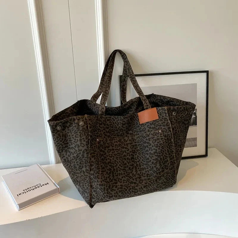 Bolso Tote de Lona con Estampado Leopardo Retro