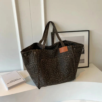 Bolso Tote de Lona con Estampado Leopardo Retro