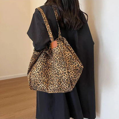 Bolso Tote de Lona con Estampado Leopardo Retro