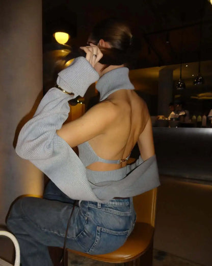 Chaleco de Punto de Cuello Alto con Espalda Descubierta para Mujer