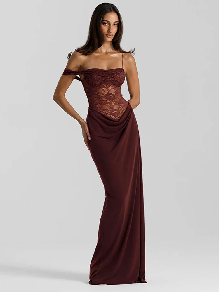 Vestido Maxi de Encaje de Un Hombro