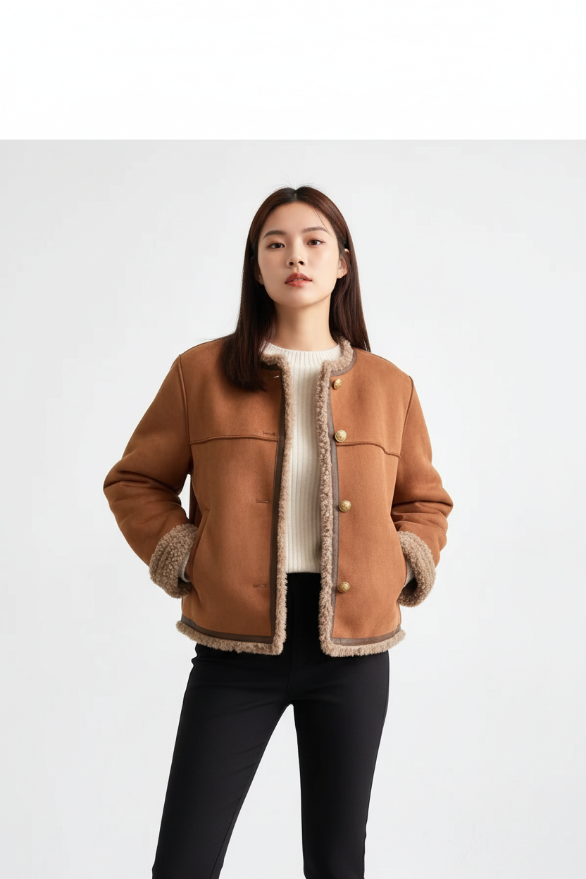 Modelo con chaqueta corta de piel
