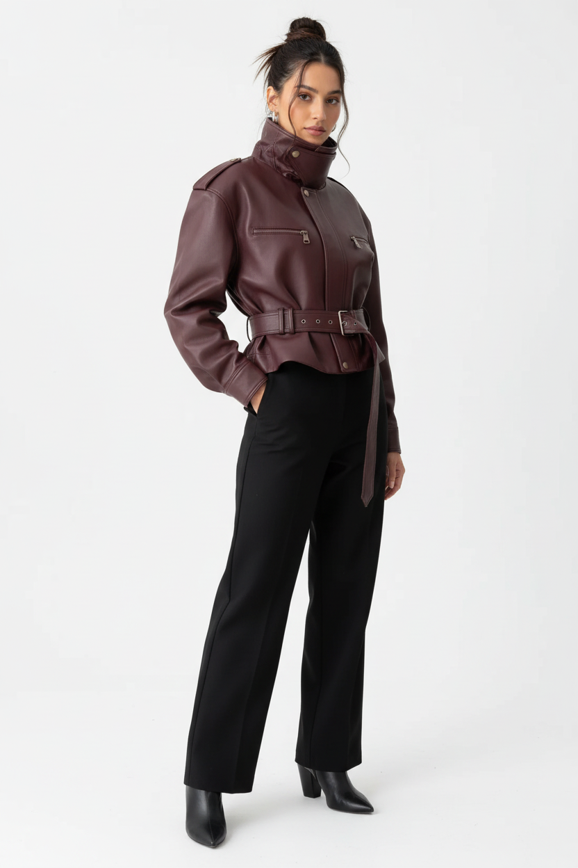 Modelo con chaqueta burdeos