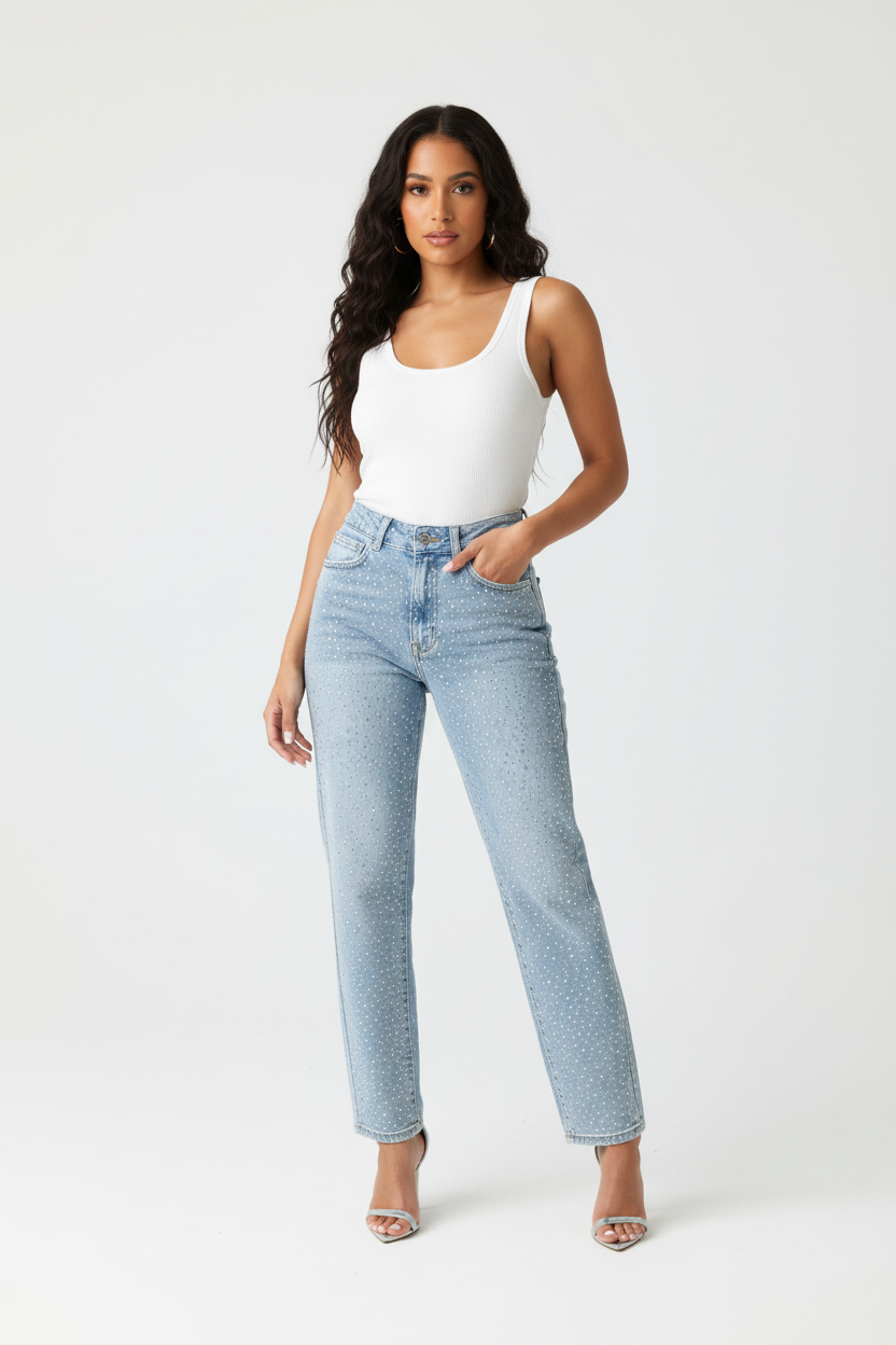 Modelo con vaqueros con pedrería