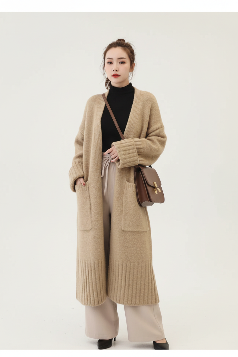 Modelo con chaqueta de punto larga