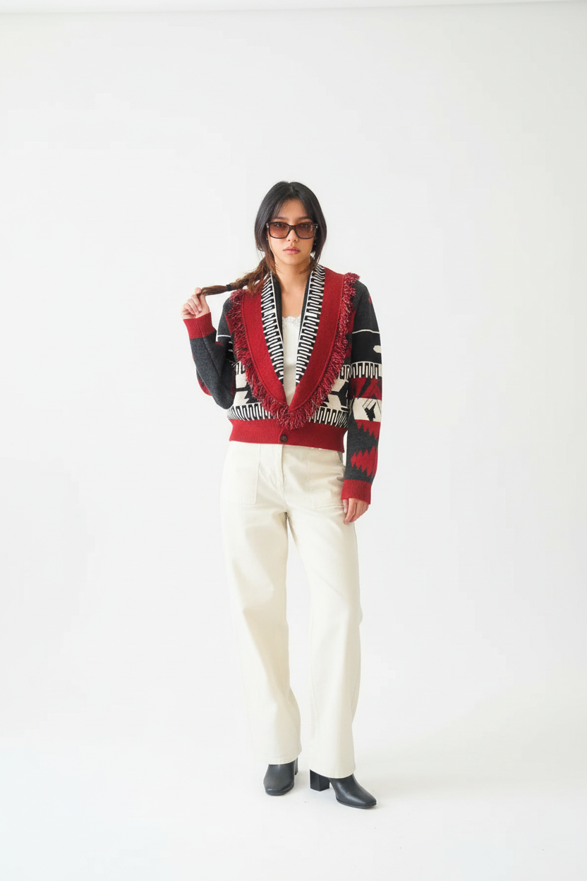 Modelo con chaqueta de retazos