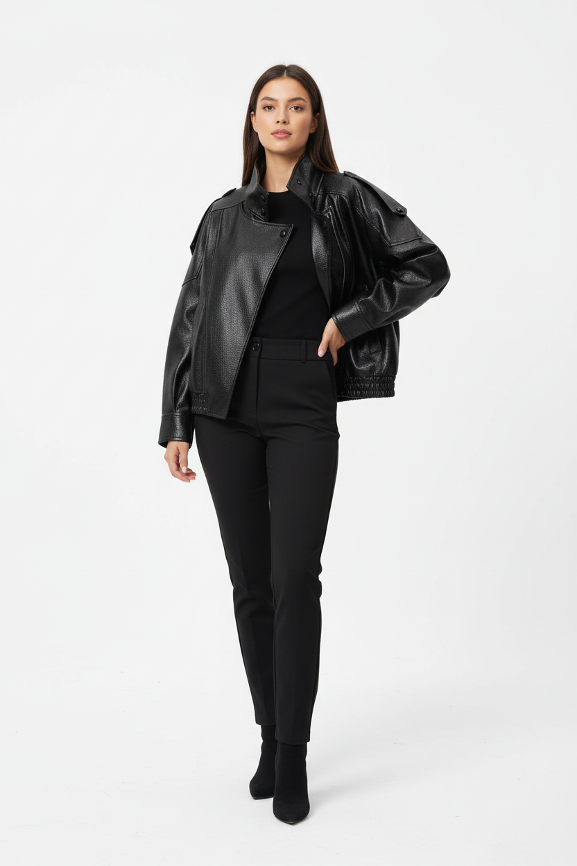 Modelo con chaqueta de cuero vegano