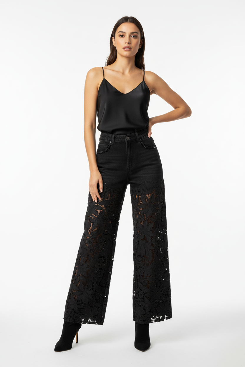 Modelo con pantalones vaqueros de patchwork