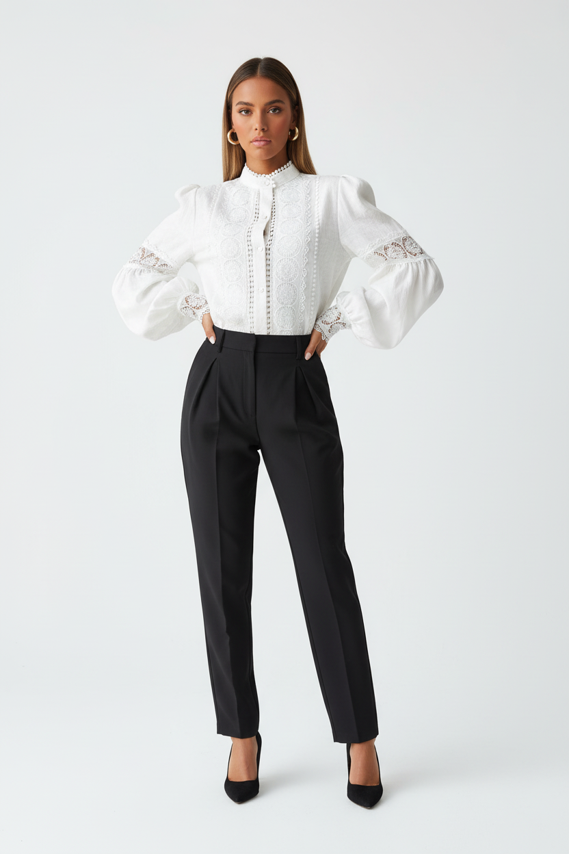 Modelo con blusa blanca de encaje
